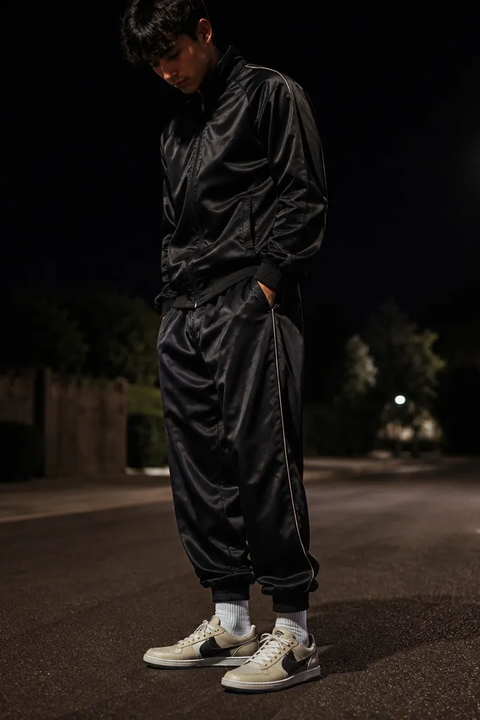 Night street photo: black satin track jacket and matching track pants, crew socks, and Travis Scott shoes. The shoes catch streetlight and the cream upper contrasts against the all-black outfit.