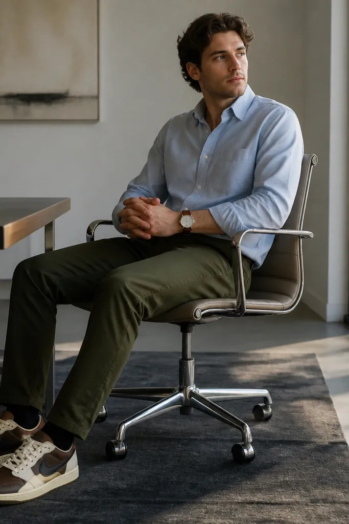 Daytime office-casual photo: light blue oxford button-down, dark olive chinos, and brown watch on the wrist. Travis Scott shoes are visible, showing cream panels against darker pants.
