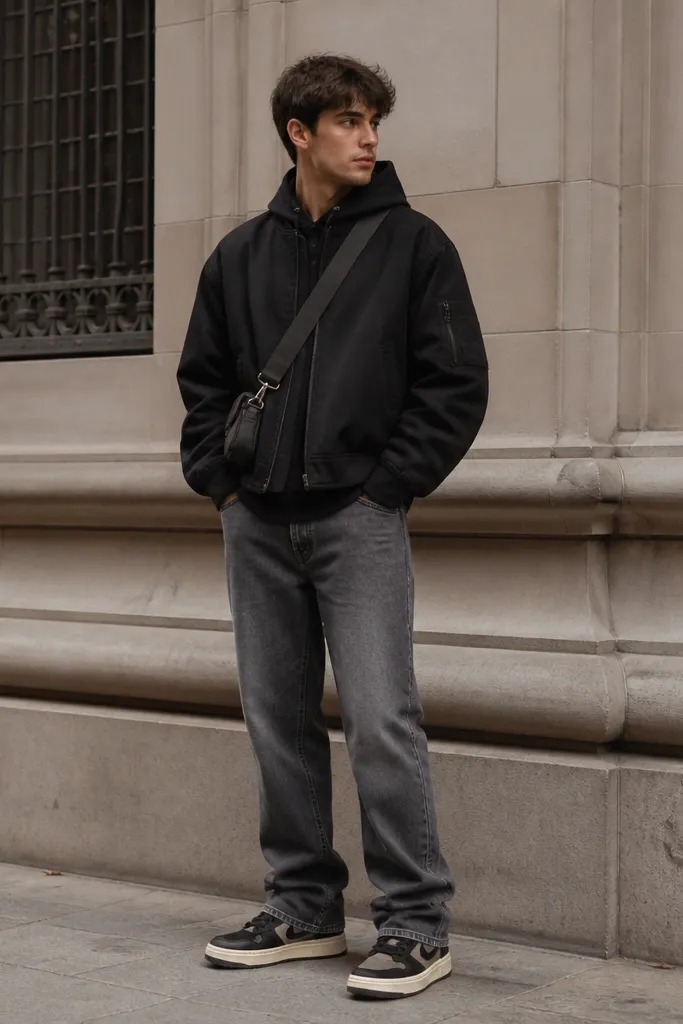 Street shot: black bomber-style hoodie layered over a tee, gray straight jeans, and a small crossbody bag. Travis Scott shoes are visible with a thick sole and textured upper.