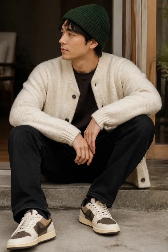 Cozy indoor/outdoor edge shot: cream cardigan over a dark shirt, black jeans, and a dark green beanie. Travis Scott shoes sit in the lower frame, showing cream and brown tones.