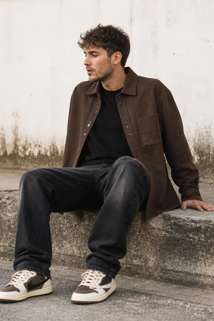 Outdoor photo: mocha-brown overshirt, black tee, and black-wash denim jeans with visible fades. Travis Scott shoes show warm cream and brown panels.