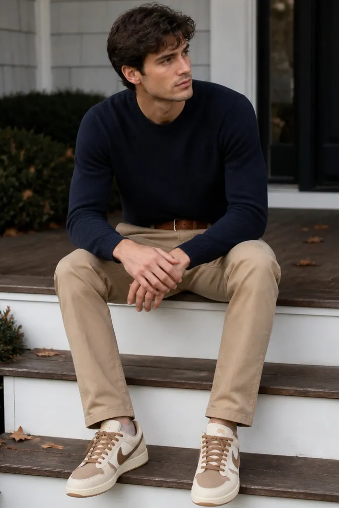 Classic fall look: navy crewneck sweater, tan chinos, and brown leather belt. Travis Scott shoes are visible with cream and tan tones, photographed on a porch step.