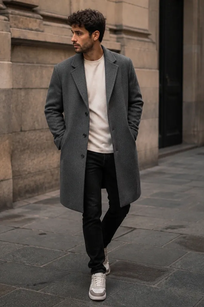 Formal-casual street shot: gray wool overcoat with structured shoulders, black jeans, and an off-white tee. Travis Scott shoes are visible at the bottom, light upper against dark denim.