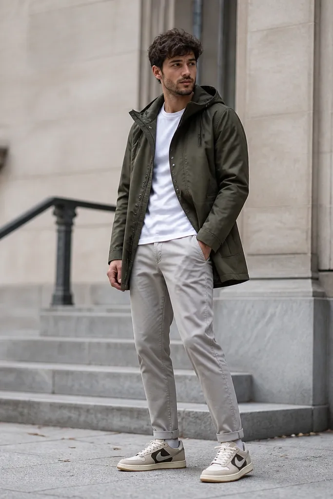 Crisp daytime photo: white tee, light gray chinos, and an olive mac-style jacket with a hood. Travis Scott shoes are visible with cream and tan tones.