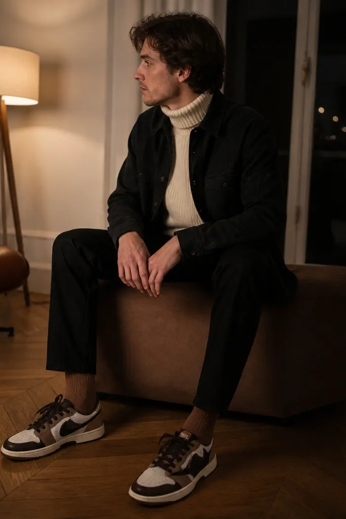 Indoor evening photo: off-white turtleneck sweater, black overshirt layered on top, and Travis Scott shoes. Brown-toned socks peek above the shoe collar.