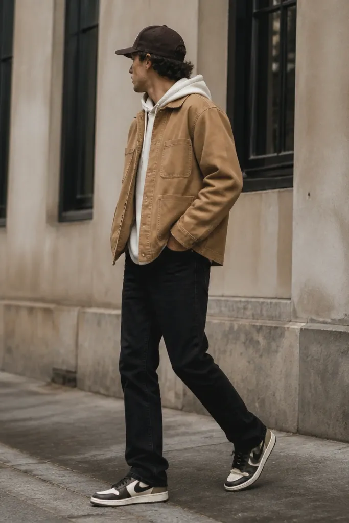 Field-like street photo: tan chore jacket with visible seams, cream hoodie layered underneath, and black jeans. Travis Scott shoes appear with cream base and dark overlays.