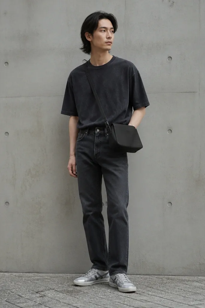 A person wearing a slightly oversized washed black crewneck T-shirt with heathered texture, tucked into straight charcoal jeans. The silver Onitsuka Tiger sneakers sit low on the frame. A matte black crossbody bag hangs at hip height.
