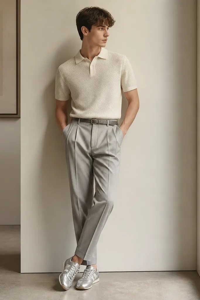 A cream knit polo with a clean collar and short sleeves paired with light gray pleated trousers. The silver Onitsuka Tiger sneakers are worn with no-show socks. A simple belt with cool gray buckle appears at the waist.