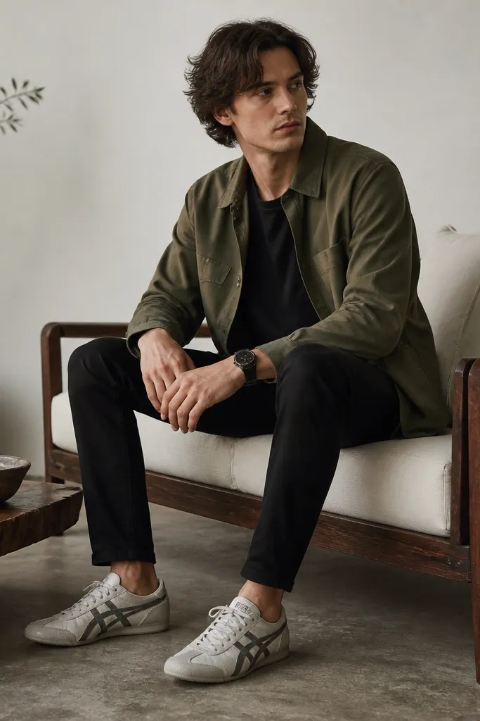 An olive brushed-cotton overshirt worn open over a black fitted tee, paired with slim black jeans. The silver Onitsuka Tiger sneakers show clearly with a low profile. A dark watch strap peeks from the sleeve cuff.