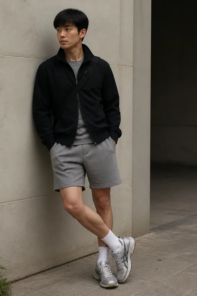A matte black track jacket zipped halfway over a gray tee, paired with heather gray above-the-knee shorts. The silver Onitsuka Tiger sneakers are worn with white socks. A small black backpack strap crosses the chest.