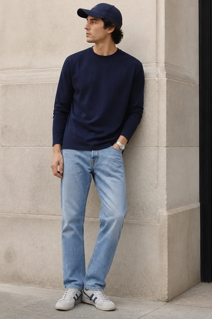 A navy long sleeve tee worn untucked over light blue straight jeans with a medium wash. The silver Onitsuka Tiger sneakers show against the denim. A navy cap and a silver watch face sit at the top of the frame.