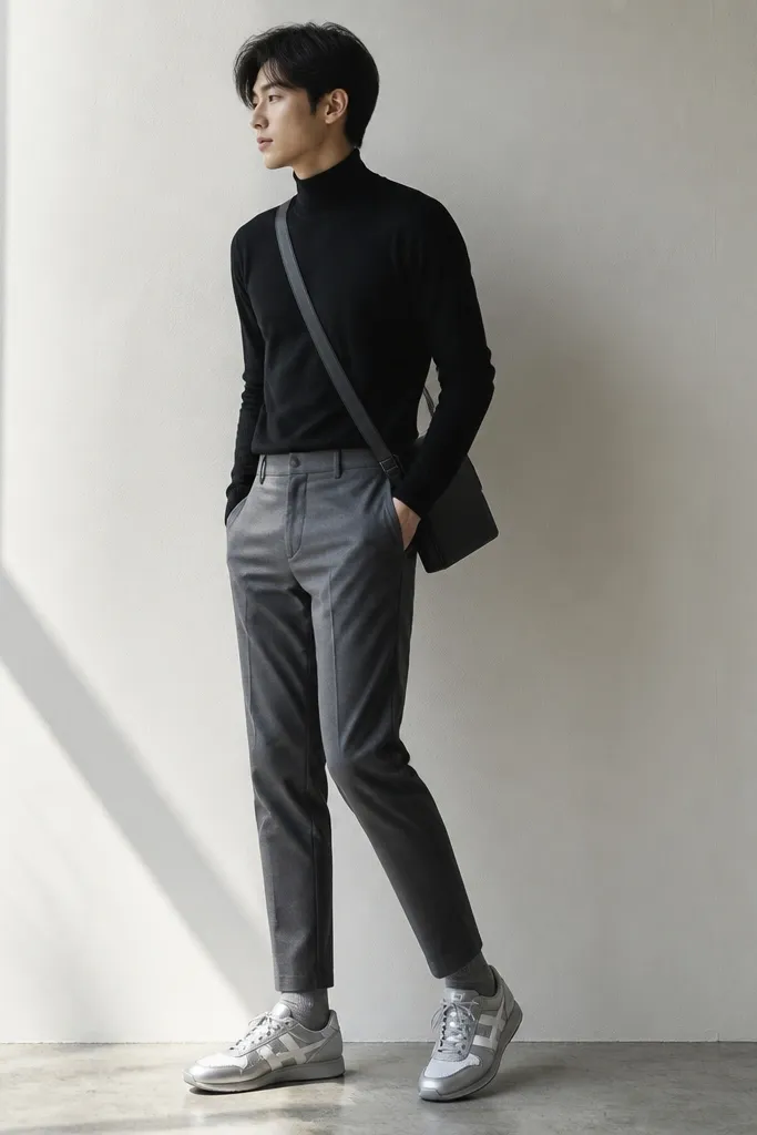 A thin black turtleneck sweater tucked into gray tapered chinos. The silver Onitsuka Tiger sneakers are paired with cool gray socks. A dark crossbody bag sits at the hip.