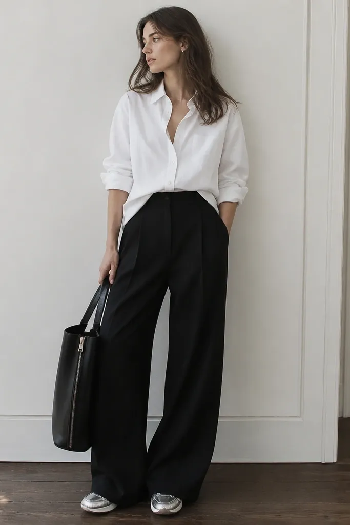 A crisp white Oxford button-down with sleeves rolled to the forearm, worn partially tucked into black wide-leg trousers. Silver Onitsuka Tiger sneakers peek from under the wider hem. A black leather tote with silver zipper hardware completes it.
