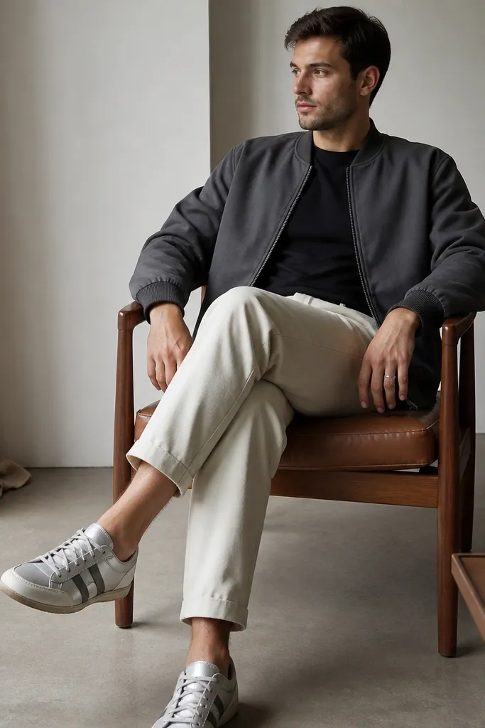 A charcoal bomber jacket with ribbed cuffs worn over a black crew tee and cream chinos. The silver Onitsuka Tiger sneakers are laced tight, with no-show socks. A small silver ring is visible on one hand.