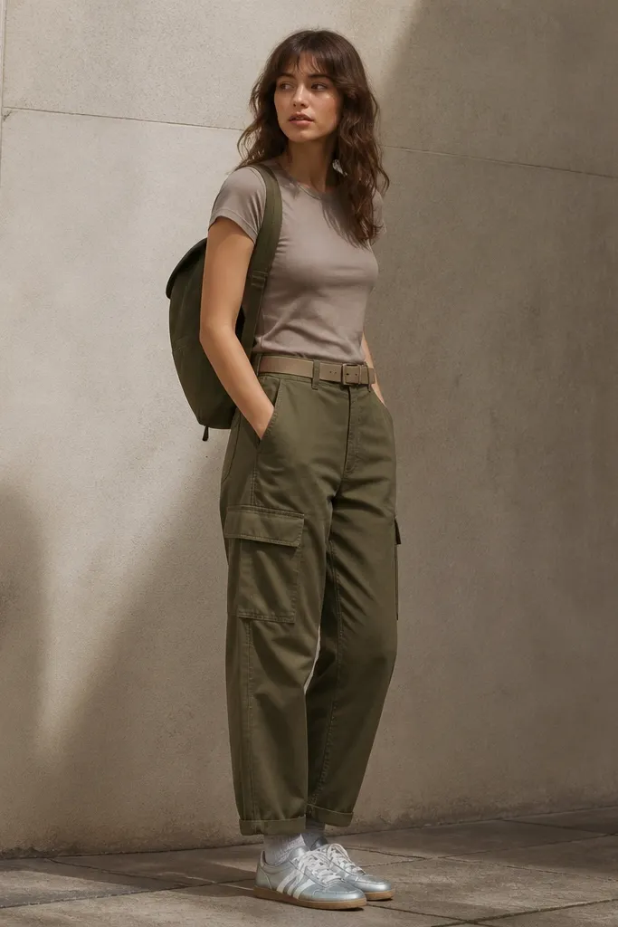 A taupe short sleeve T-shirt worn with olive cargo pants that sit at the waist. The silver Onitsuka Tiger sneakers are worn with light gray socks. A taupe belt and a minimal olive backpack are visible.