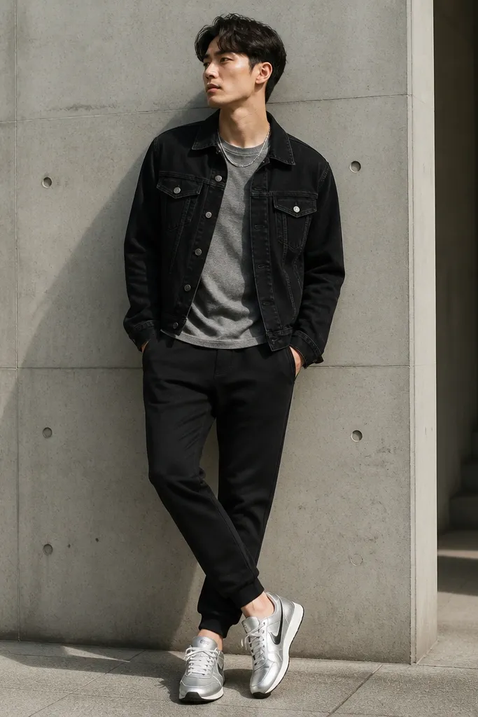 A black denim jacket worn over a gray heather tee, paired with black joggers with a tapered cuff. Silver Onitsuka Tiger sneakers show at the bottom. A silver chain hangs at the collar line.