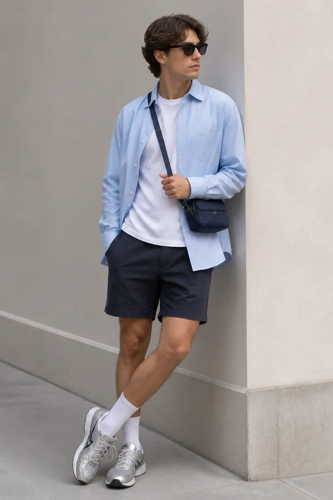A light sky blue button-up worn open over a white tee, with navy shorts at mid-thigh. Silver Onitsuka Tiger sneakers are worn with white socks. A small crossbody in navy with silver hardware is visible.