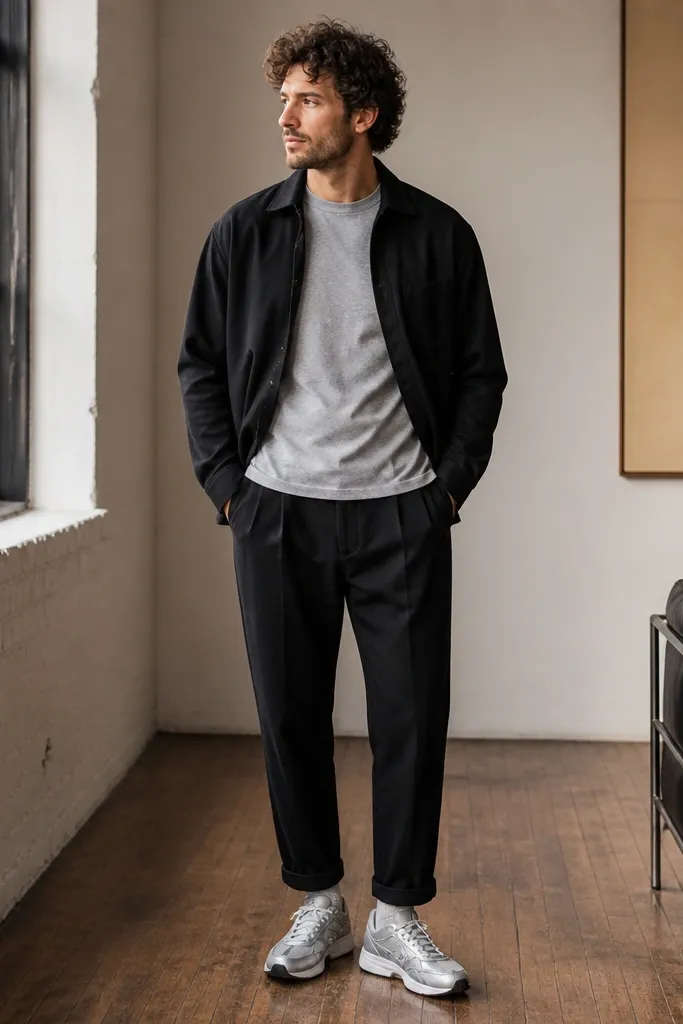 A gray crew T-shirt under a black overshirt worn open. The person wears cream socks peeking above the silver sneakers. Black trousers are tapered and ankle-length with a slight cuff.