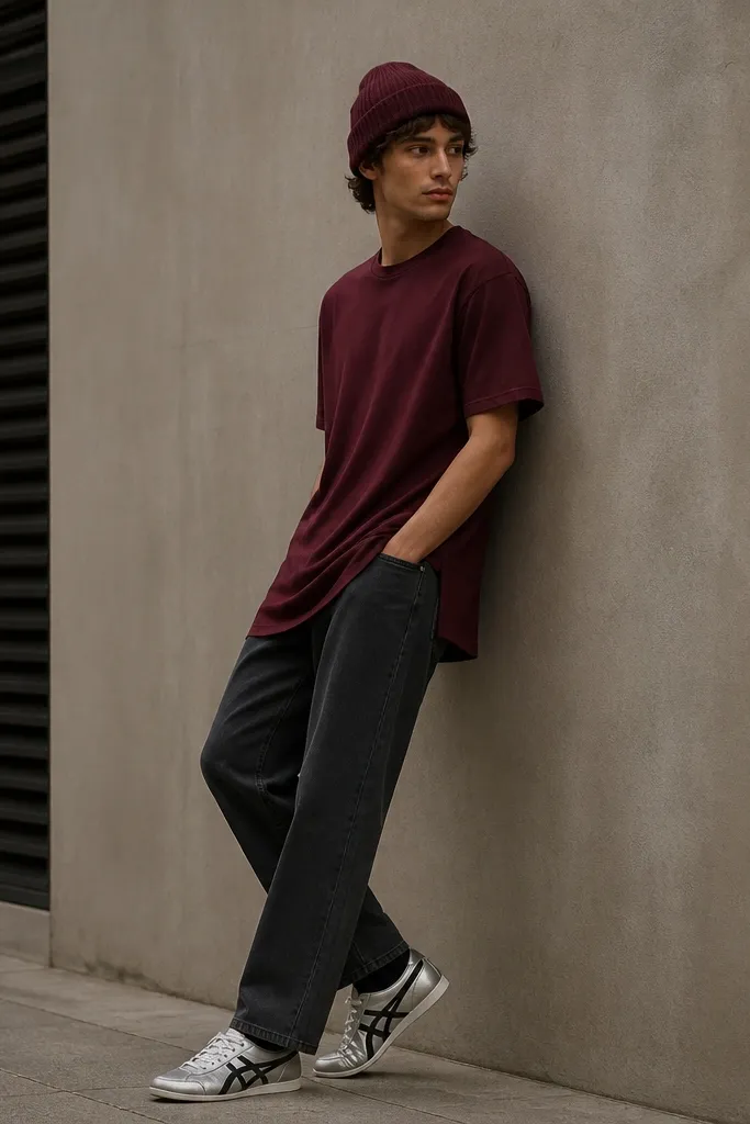 A burgundy longline T-shirt that hangs slightly longer at the back, paired with charcoal straight jeans. The silver Onitsuka Tiger sneakers are worn with dark socks. A burgundy beanie is visible.