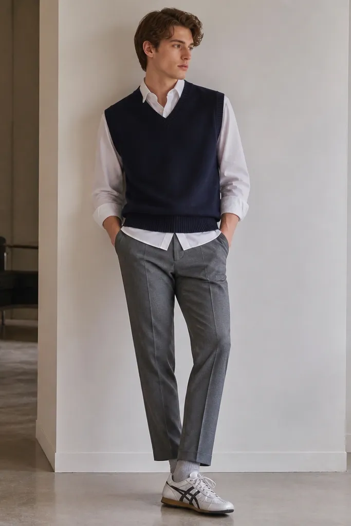 A navy sweater vest layered over a white button-down shirt, with the top button open and collar visible. Gray tapered pants complete the look. Silver Onitsuka Tiger sneakers are on the bottom edge with cool gray socks.