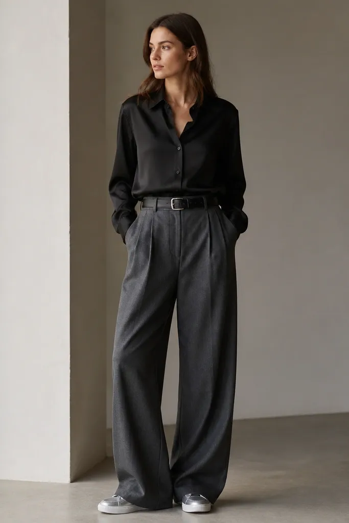 A black shirt with a matte satin finish (subtle sheen only), worn tucked into gray wide-leg trousers. The silver sneakers show beneath with a clean hem break. A black belt with a cool silver buckle is visible.