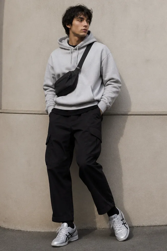 A light gray pullover hoodie layered over a black tee, paired with black utility pants with cargo pockets. The silver Onitsuka Tiger sneakers are visible with black socks. A small crossbody bag sits across the chest.