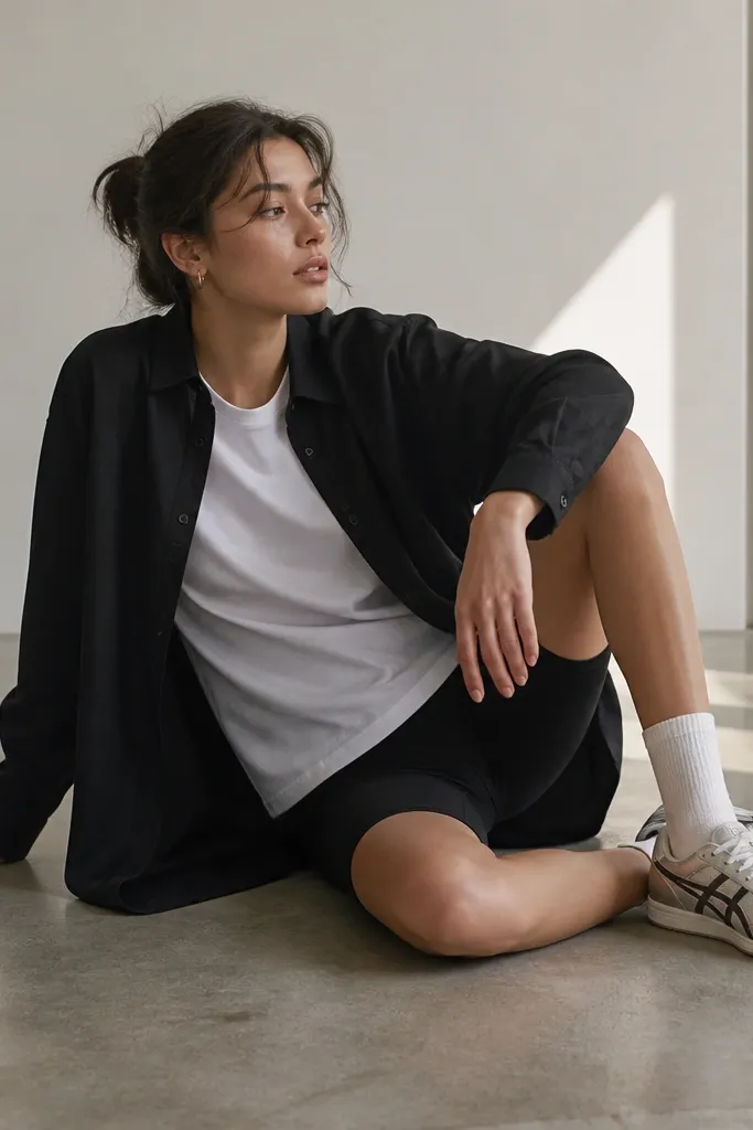 A long, loose black shirt worn open over a white tee, with black biker shorts visible underneath. The silver Onitsuka Tiger sneakers are worn with crew socks. A small silver hoop earring is visible.