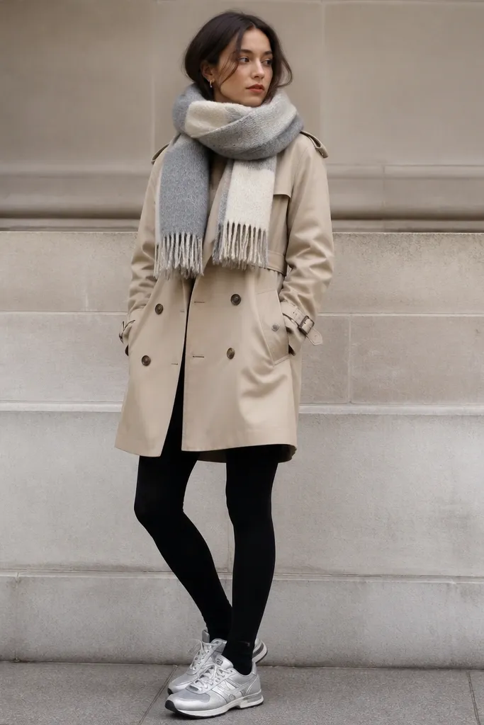 A short tan trench coat worn over black leggings. A large oversized scarf in gray and cream is wrapped at the neck. The silver Onitsuka Tiger sneakers are visible at the bottom with black socks.