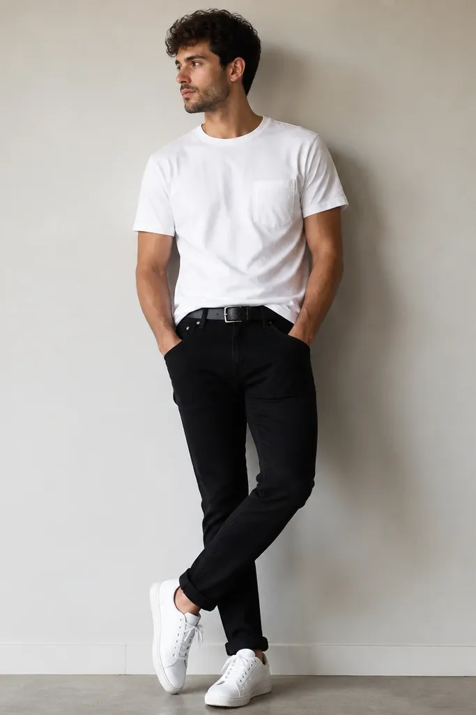 A man wearing black jeans with a white short-sleeve pocket tee. The shirt is slightly fitted at the waist, tucked halfway. He has clean white low-top sneakers and a simple black belt. Background is a neutral wall, showing crisp contrast between matte black denim and bright white cotton.