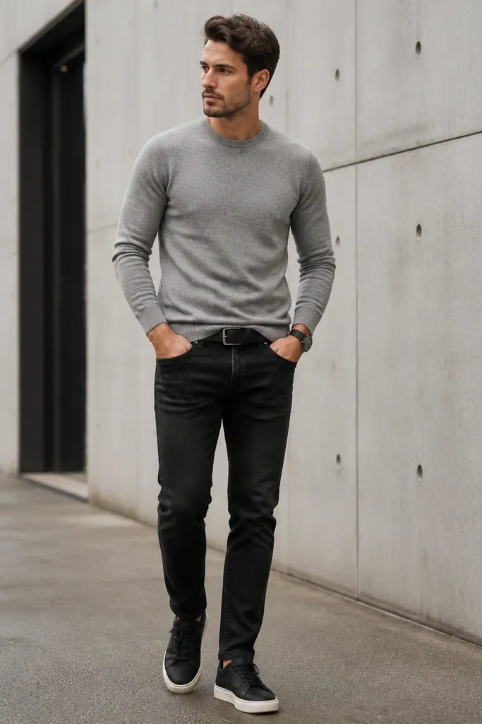 Black jeans paired with a heather gray crewneck sweater. The sweater is snug through the torso and slightly longer at the hem. Shoes are black sneakers with white midsoles. A dark watch and belt match the jeans.