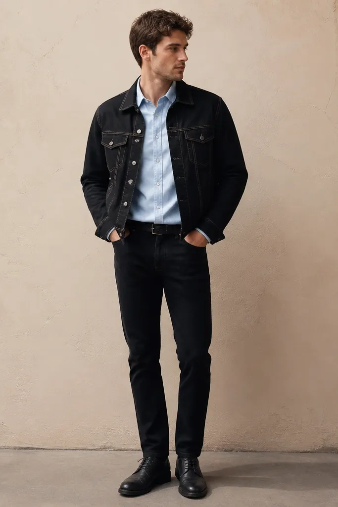 Black jeans with a light blue Oxford button-up layered under a black denim jacket. The jacket is open, showing the collar and top buttons of the shirt. The sneakers are dark brown or black leather. Stitching on the denim jacket is visible and contrasty.