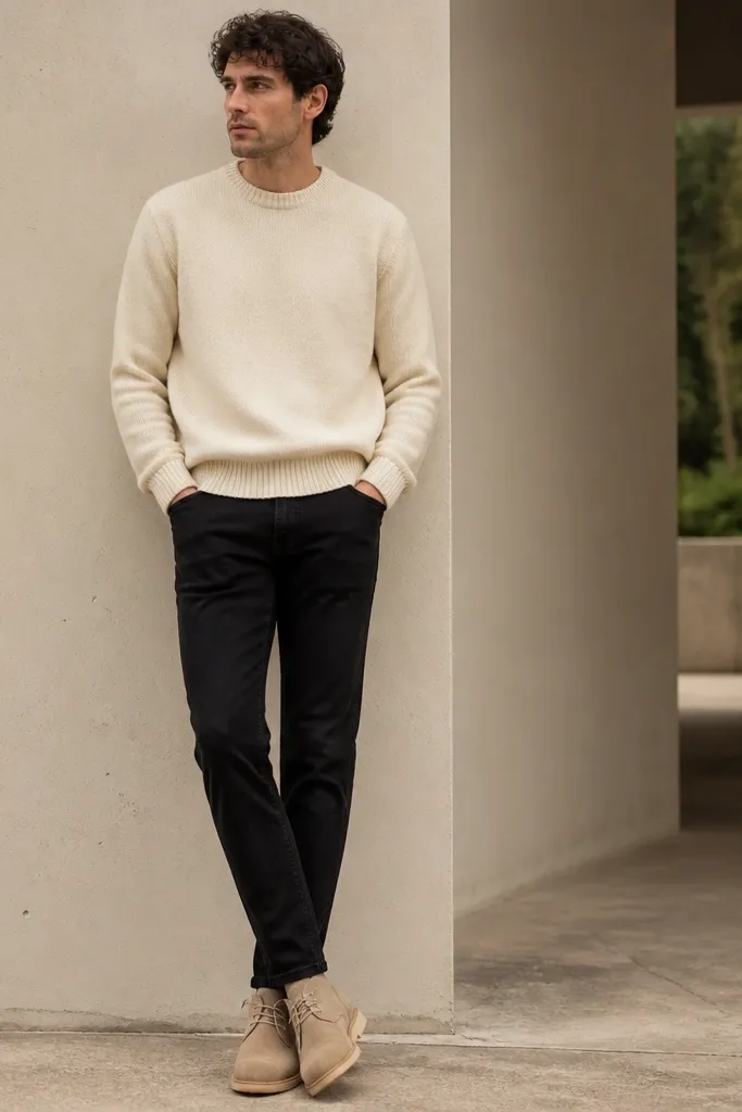 Black jeans paired with a cream/ivory knit sweater and sand suede desert boots. The sweater is slightly loose at the waist and has a ribbed hem. The boots have a crepe sole and visible suede texture.