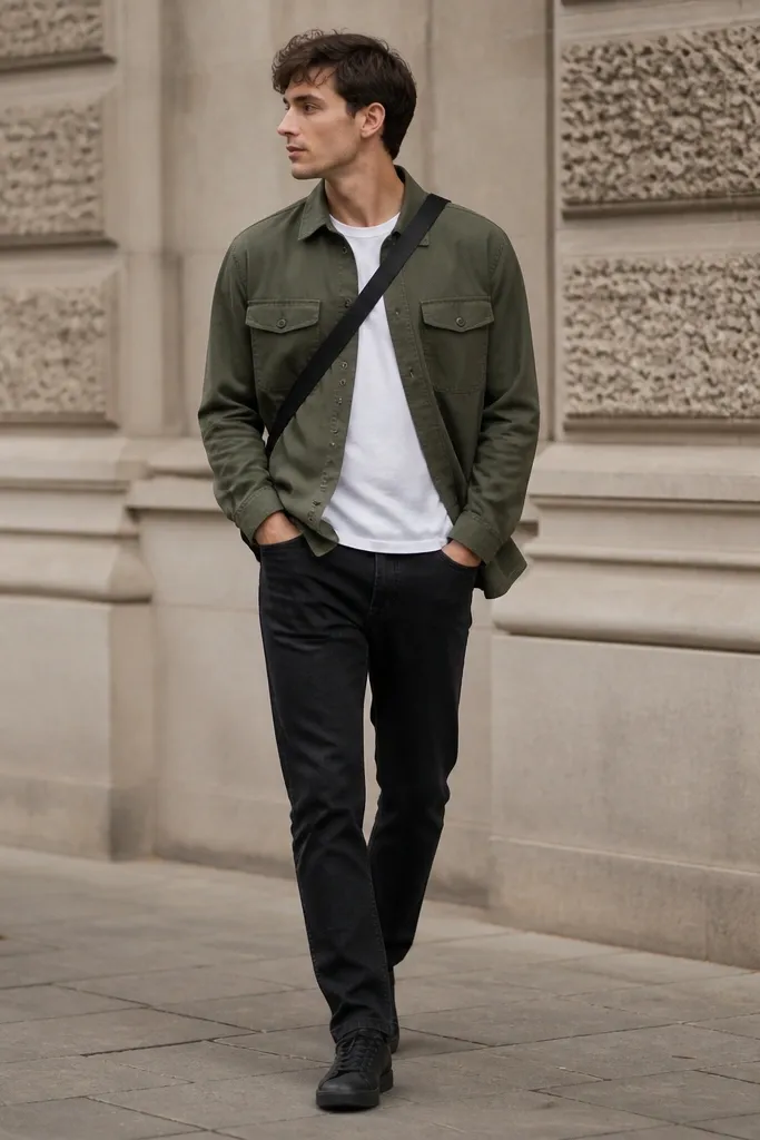 Black jeans with an olive green overshirt worn open over a white tee. The overshirt has flap pockets and a matte finish. Shoes are black low runners. A cross-body bag strap runs diagonally across the chest.