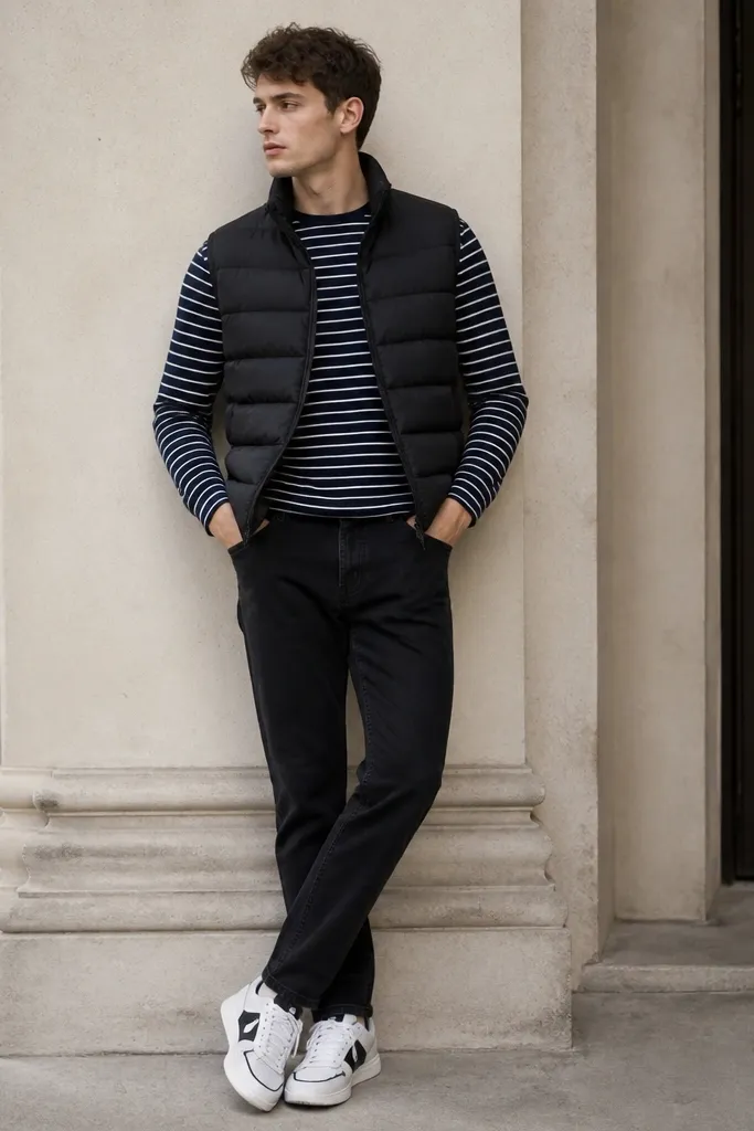 Black jeans with a black puffer vest worn over a navy-and-white striped long-sleeve tee. The vest is lightly quilted with a high collar. The shoes are white sneakers with black accents.