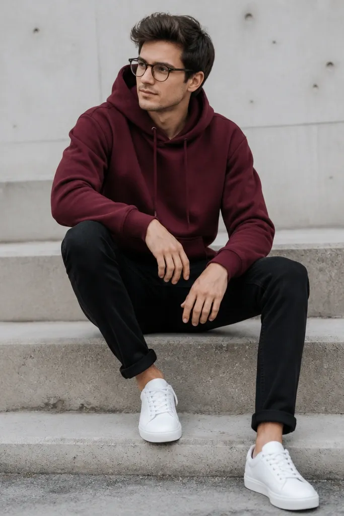 Black jeans paired with a burgundy pullover hoodie. The hoodie is medium weight and has a kangaroo pocket. Shoes are clean white trainers. A pair of thin black-framed glasses sits on the face in the photo.