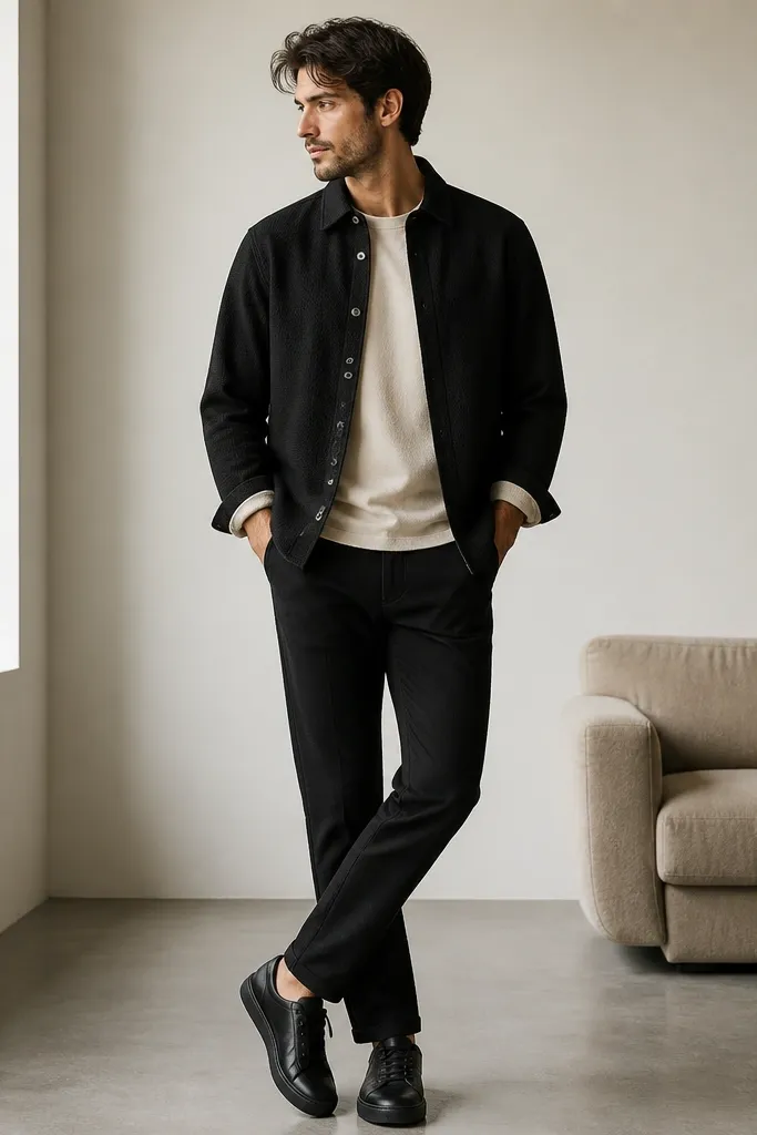 Black jeans with a cream crew tee and a black overshirt worn open. The sleeves are rolled once to show the cuff. Shoes are black leather sneakers. The overshirt has a subtle texture and visible buttons.
