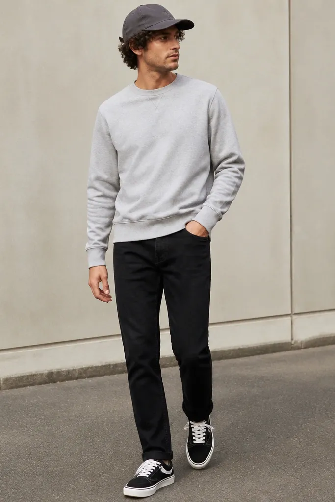 Black jeans styled with a light gray sweatshirt. The sweatshirt has ribbed cuffs and a slightly dropped hem. A charcoal baseball cap sits on the head. Shoes are black-and-white sneakers.