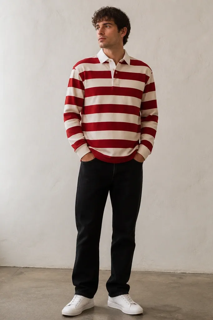 Black jeans with a red-and-white striped rugby shirt. The collar is structured, with a few buttons. The shirt is worn untucked with a slight drape. White sneakers finish the look.