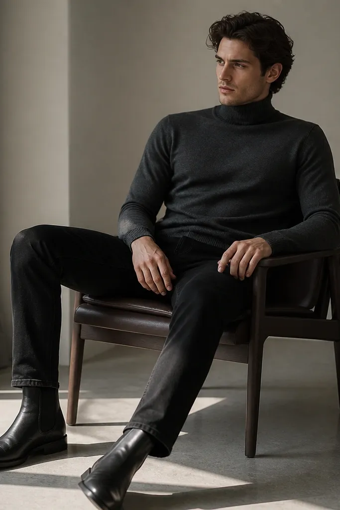 Black jeans paired with a charcoal turtleneck sweater. The turtleneck is snug around the neck with a smooth knit. Shoes are black Chelsea boots with elastic sides. A long coat is not included; the photo focuses on the base layers.