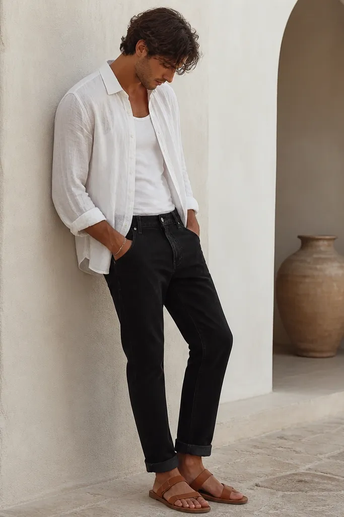 Black jeans with a white linen button-up worn open over a plain white tank or tee. The linen has visible texture and slight wrinkles. Tan leather sandals are visible. The jeans are cuffed slightly at the hem.
