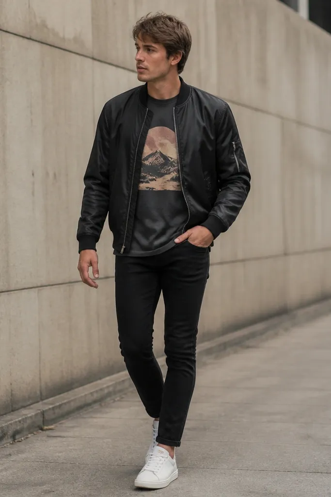 Black jeans with a black bomber jacket. Under it is a graphic tee in muted colors. The jacket has ribbed cuffs and a slightly shiny nylon finish. White sneakers complete the look.