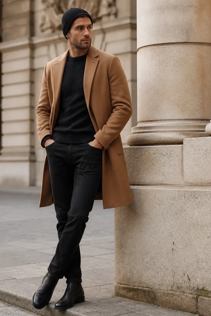 Black jeans with a camel overcoat worn open. Underneath is a dark crew sweater. A dark knit beanie sits on the head. Shoes are dark leather boots.