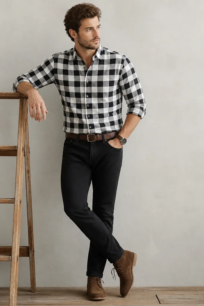 Black jeans with a black-and-white check button-up. The sleeves are rolled to mid-forearm. Brown chukka boots show suede texture. Shoes and belt are both brown.