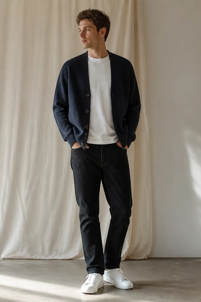 Black jeans with a navy cardigan worn open over a white crew tee. The cardigan has large buttons and a soft knit texture. Shoes are navy or white sneakers. The outfit is simple and layered.