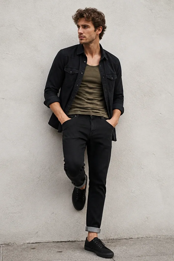 Black jeans with an olive tank top worn under a black denim button-up. The denim shirt is worn open, showing the tank. The tank is fitted and the jeans have a cuff at the hem. Shoes are black canvas sneakers.