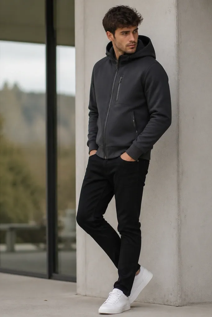 Black jeans with a charcoal bomber-style hoodie. The hoodie has a smooth bomber shell with a hood and ribbed cuffs. A small chest zipper detail is visible. White sneakers finish the look.