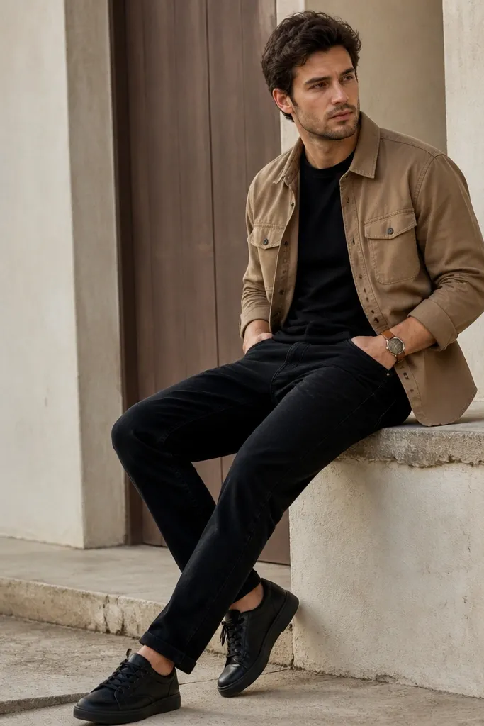 Black jeans with a plain black crew tee. Over it is a tan/brown overshirt worn open. The overshirt has flap pockets and a matte cotton finish. Shoes are black sneakers. A tan belt or watch strap matches the overshirt.