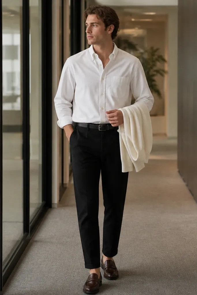 A full outfit photo: black linen pants with a flat front, chalk white button-down poplin tucked neatly, a medium-width black leather belt with a matte buckle, and dark brown leather loafers. A cream knit cardigan is draped over one arm. The background looks like an office hallway with soft lighting.