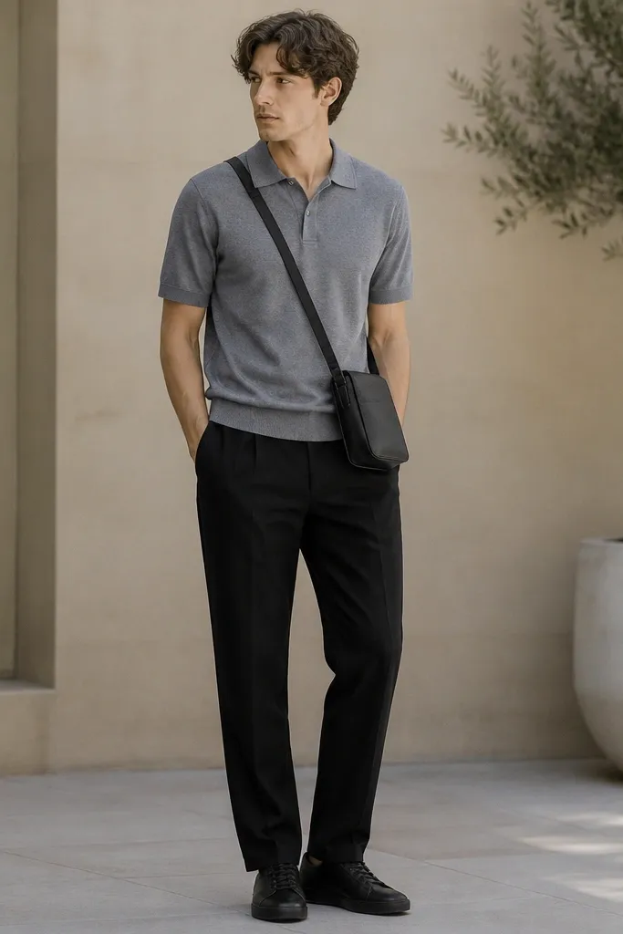 An outfit photo: black linen pants with a straight leg. On top, a heather gray fine-gauge knit polo with a clean collar. The shoes are black leather low-top sneakers with minimal branding. A black crossbody bag hangs at the side.