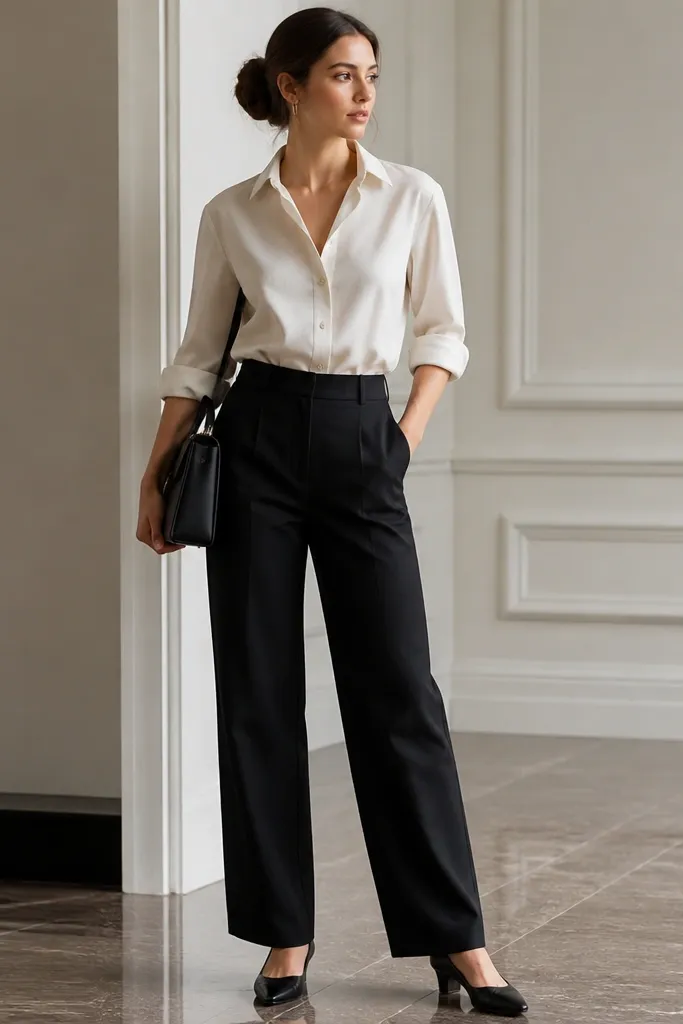 A polished office outfit: black linen pants, an ivory button-down shirt with sleeves rolled to mid-forearm, the shirt tucked. The shoes are black low-heel pumps. A structured top-handle bag in black sits under the arm.